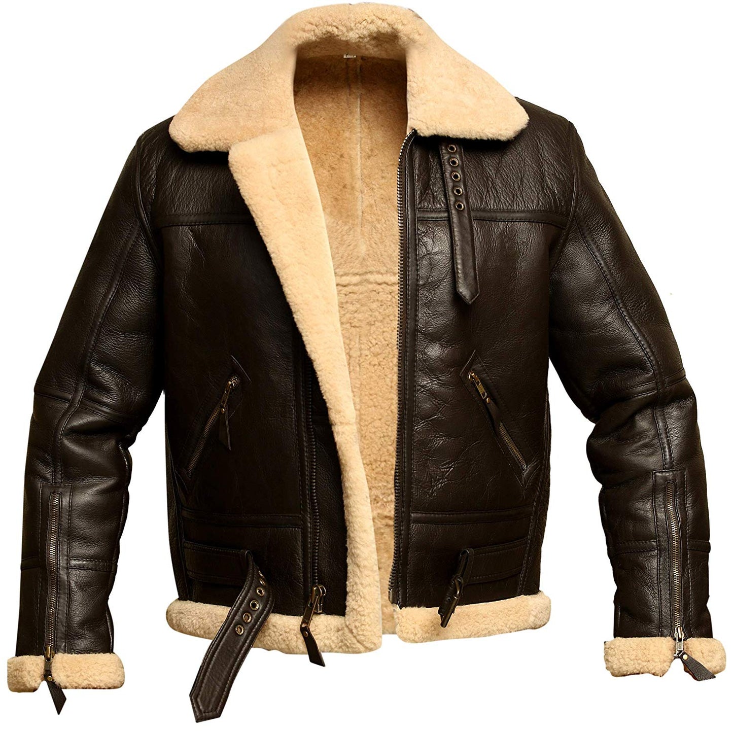 Mens Brown B3 RAF Aviator Bomber Shearling Real Sheepskin Leather Jacket