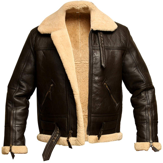 Mens Brown B3 RAF Aviator Bomber Shearling Real Sheepskin Leather Jacket