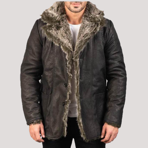 Men’s Black Shearling Collar Leather Jacket with Fur Trim