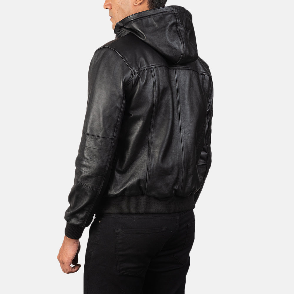 Classic Black Hooded Leather Jacket For Men