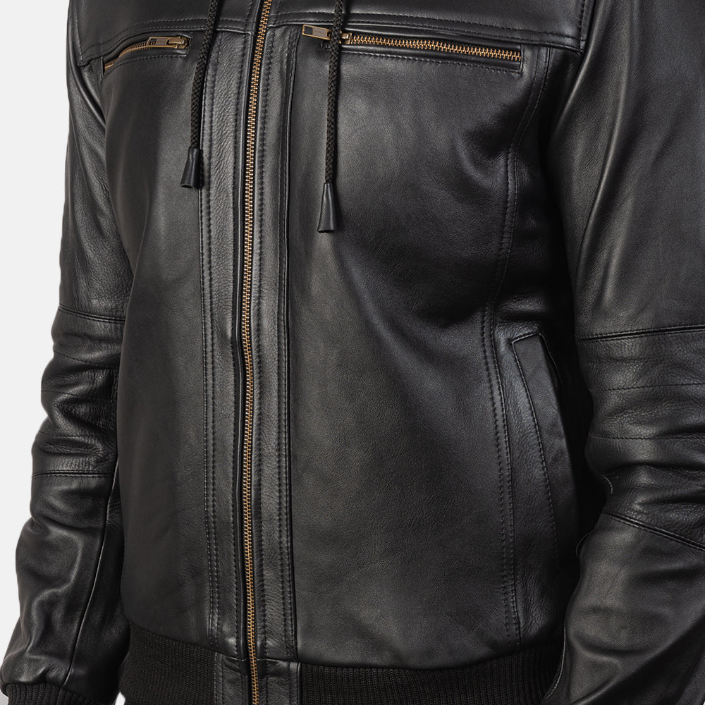 Classic Black Hooded Leather Jacket For Men