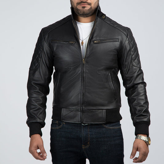 Men’s Casual Black Leather Bomber Jacket