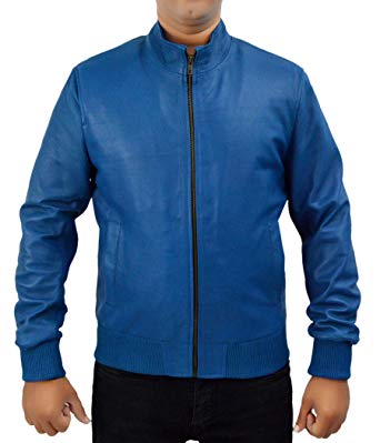 Men’s Leather Blue Bomber Jacket