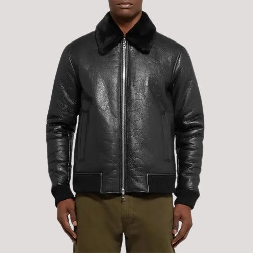 Men’s Shearling Trimmed Black Leather Jacket