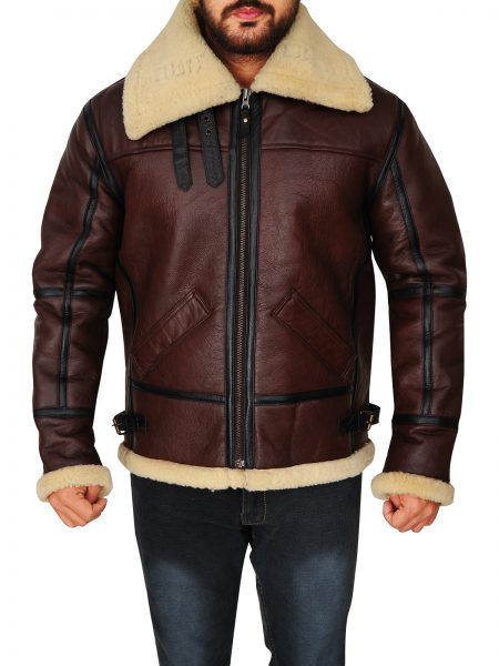 Men’s Sheepskin Bomber Shearling Brown Leather Jacket