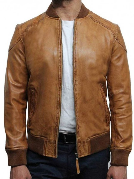 Men’s Waxed Tan Brown Leather Bomber Jacket