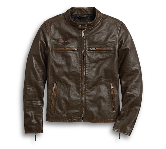 Men's Distressed Print Leather Jacket - Slim Fit