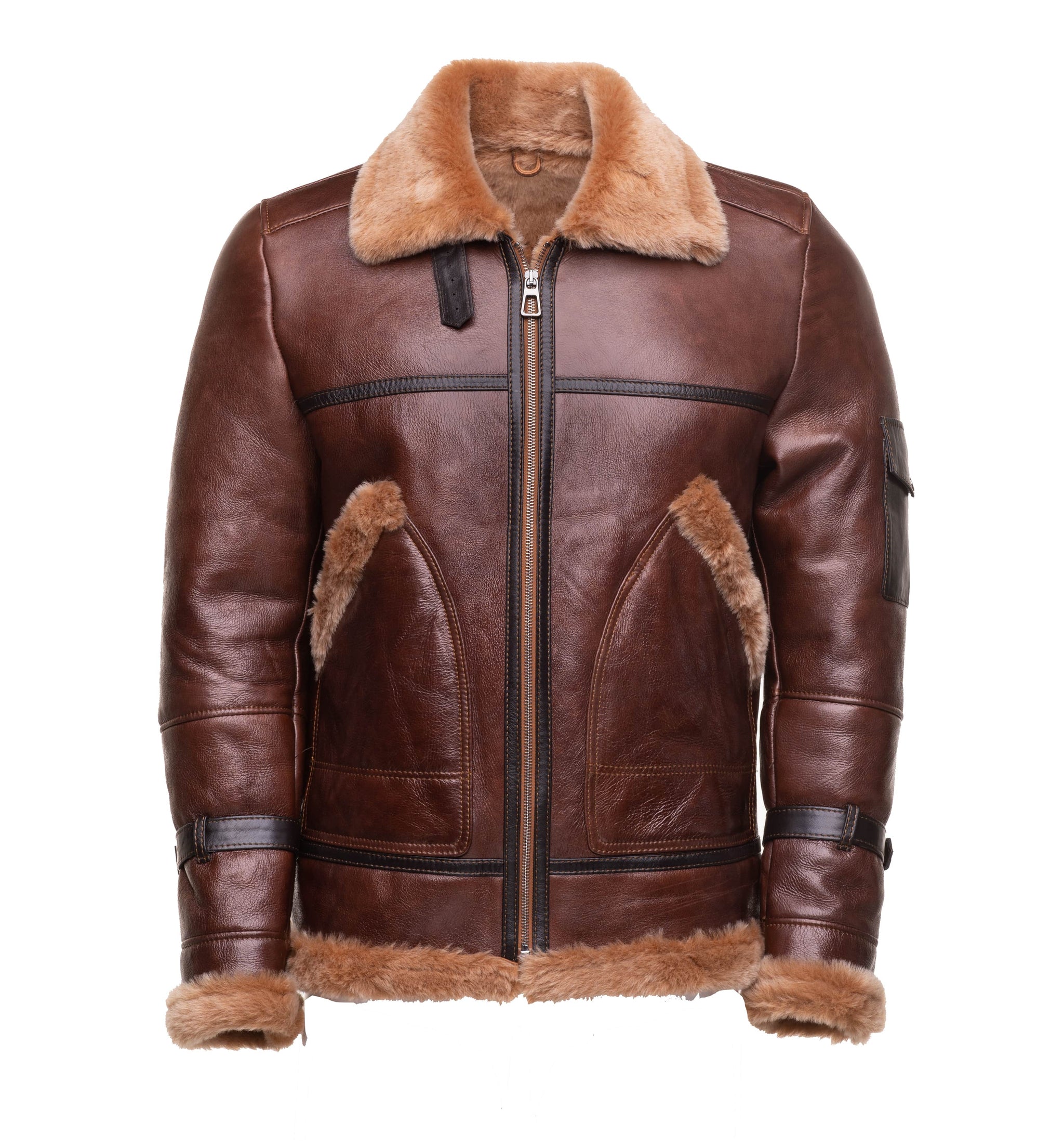 Esa Brown Bomber Sheepskin Shearling Jacket with large pockets