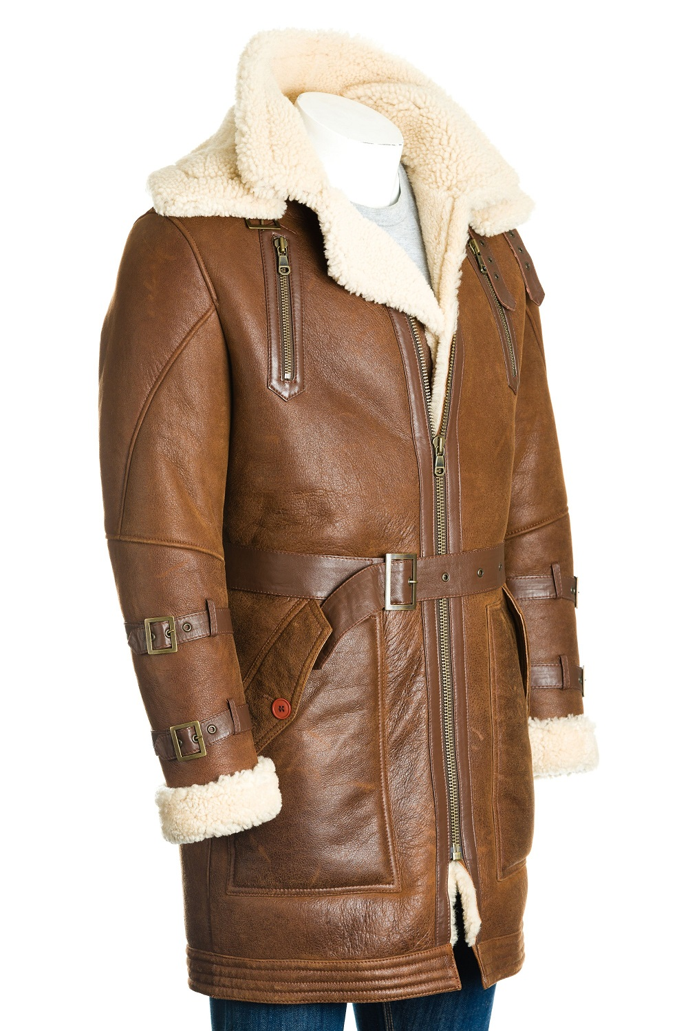 Men's Warm Brown Merino Sheepskin Trench Leather Coat