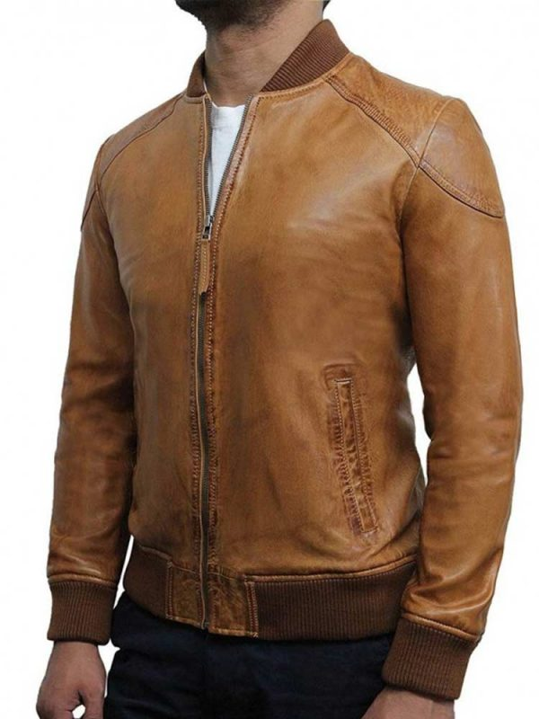 Men’s Waxed Tan Brown Leather Bomber Jacket