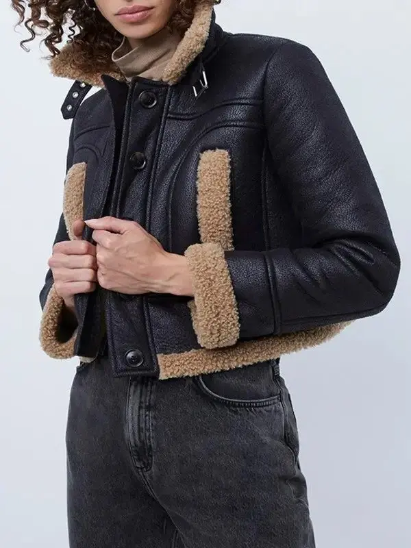 Women’s Shearling Black Cropped Leather Jacket