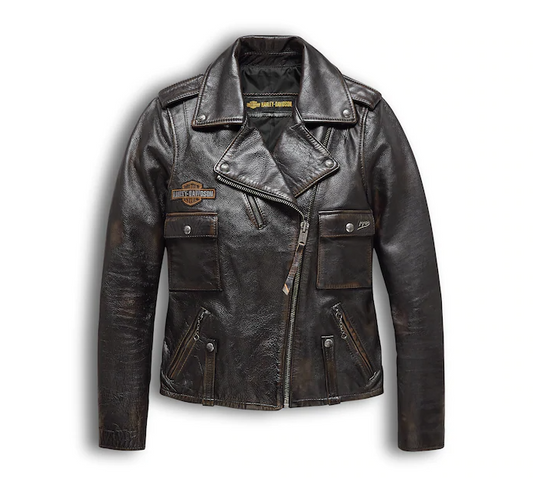 Women's Eagle Logo Distressed Leather Biker Jacket