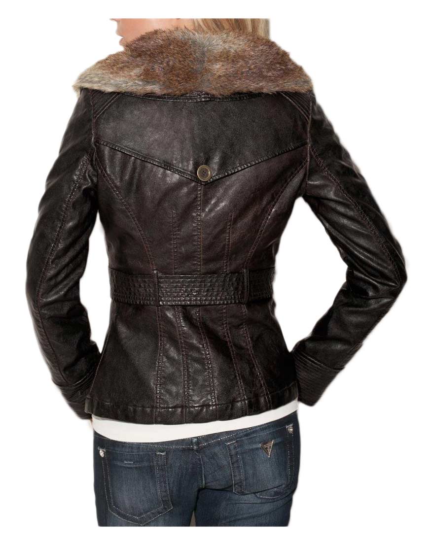 Women’s Fur Collar Brown Leather Jacket