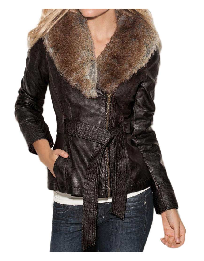 Women’s Fur Collar Brown Leather Jacket