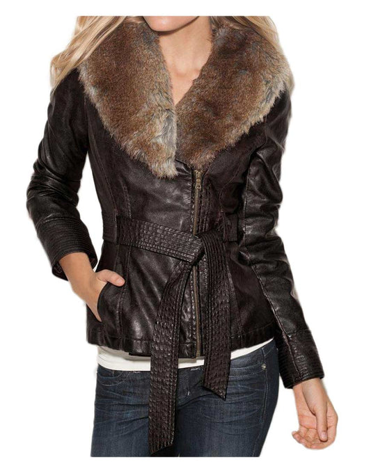 Women’s Fur Collar Brown Leather Jacket