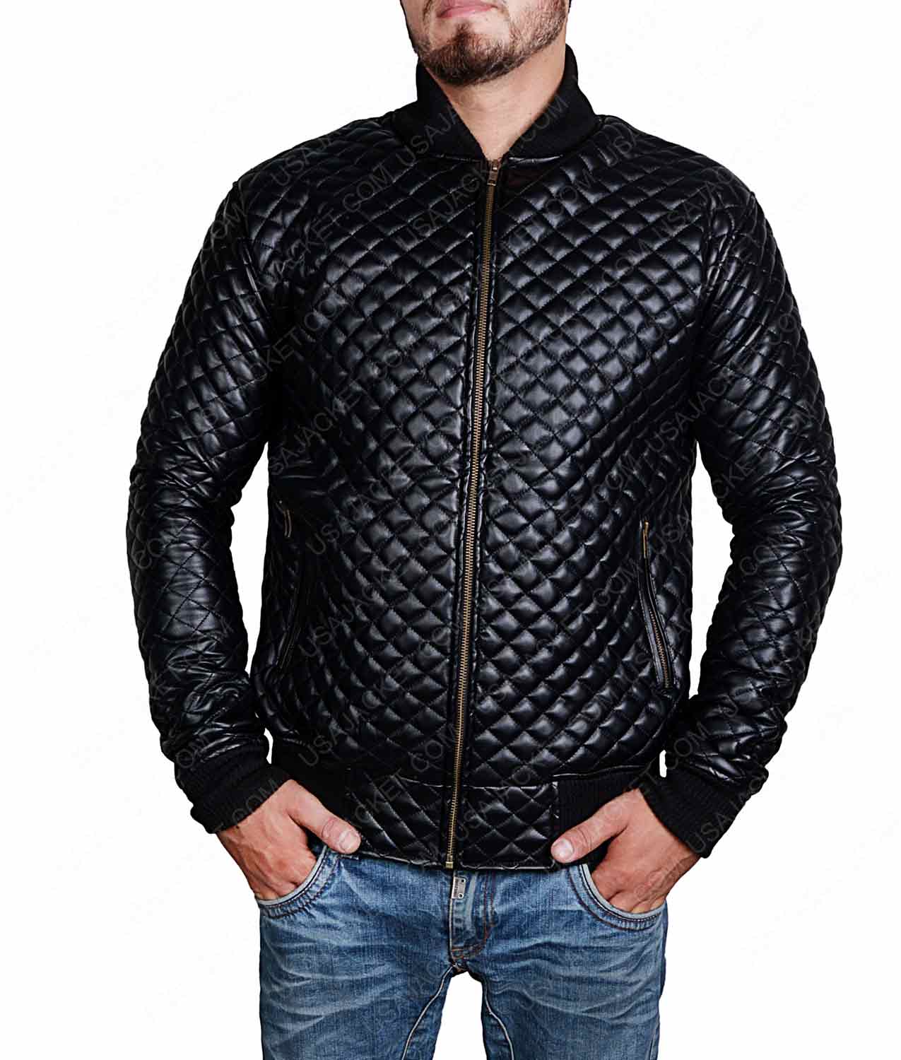 Mens Quilted Black Bomber Leather Jacket
