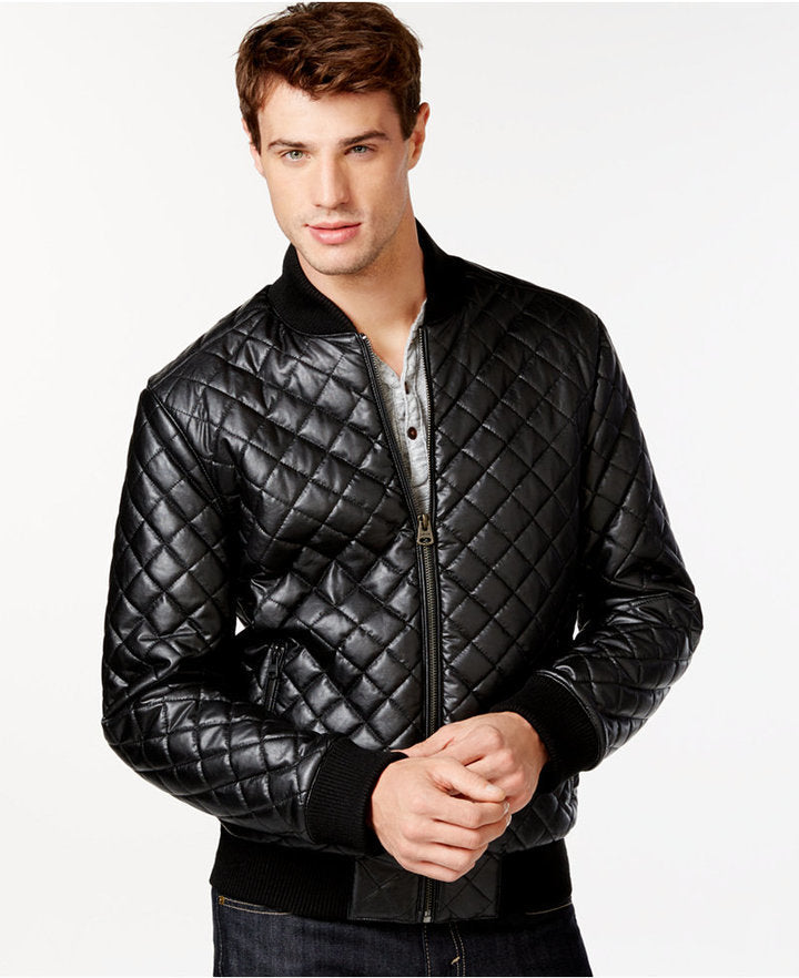 Mens Quilted Black Bomber Leather Jacket