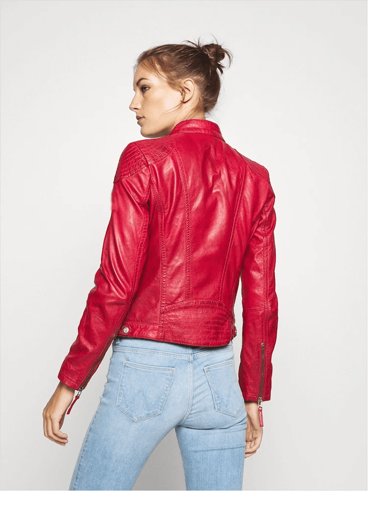 Womens Red Hooded Leather Jacket